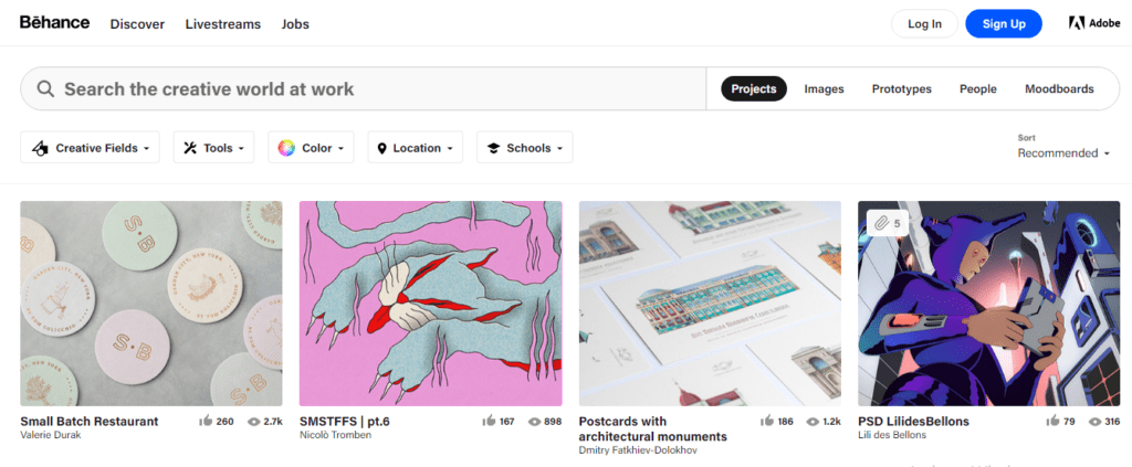 The screenshot of Behance website for finding design work 