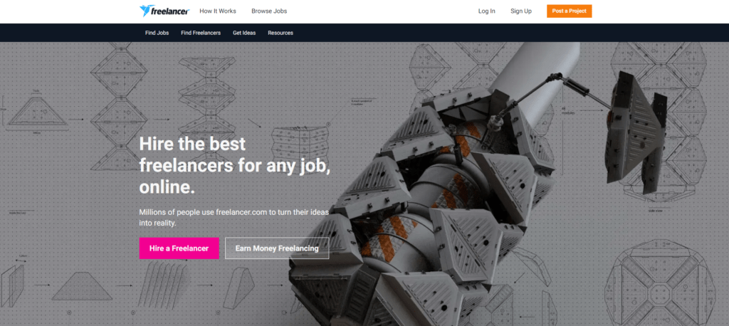 The screenshot of Freelancer website for finding design work 