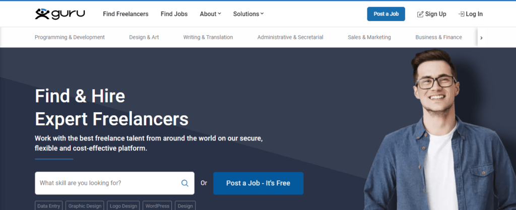 The screenshot of Guru website for finding design work 