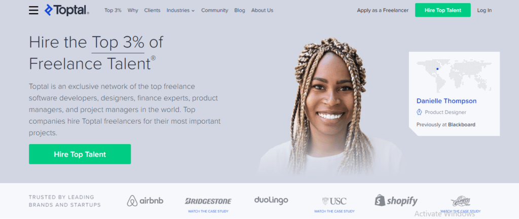 The screenshot of Toptal website for finding design work 
